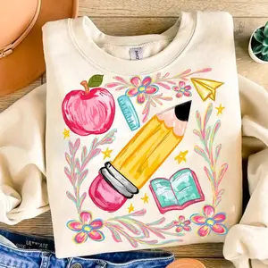 Floral Teacher Pencil Shirt, Coquette Teacher Back To School Sweatshirt, 1st Day Of School Shirt, Teacher Appreciation, Brushstroke, School Girl, Teacher Shirt