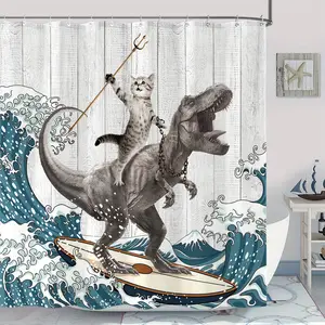 Fun Dinosaur Ocean Shower Curtain Set, Includes 12 Hooks, Wave Pattern Bathroom Decoration Accessories, Ideal for Kids' Bathrooms & Festive Celebrations, Home Goods