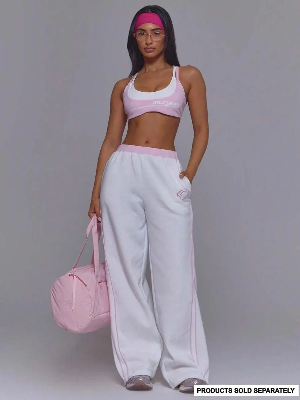 Women’s White & Pink Wide Leg Sweatpants, Contrast Stripe Drawstring Lounge Pants, Y2K Sporty Casual Joggers for Gym Travel Streetwear