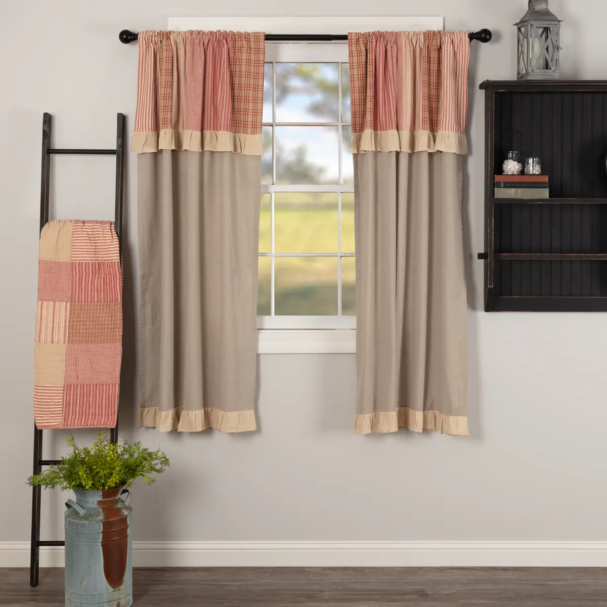 Farmstead Red Patchwork Short Panel Curtains