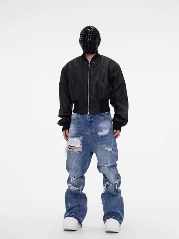 New Men Holes Loose Regular Fit Jeans Trousers Solid Stylish Men's Streetwear Ripped Distressed Straight Denim Pants