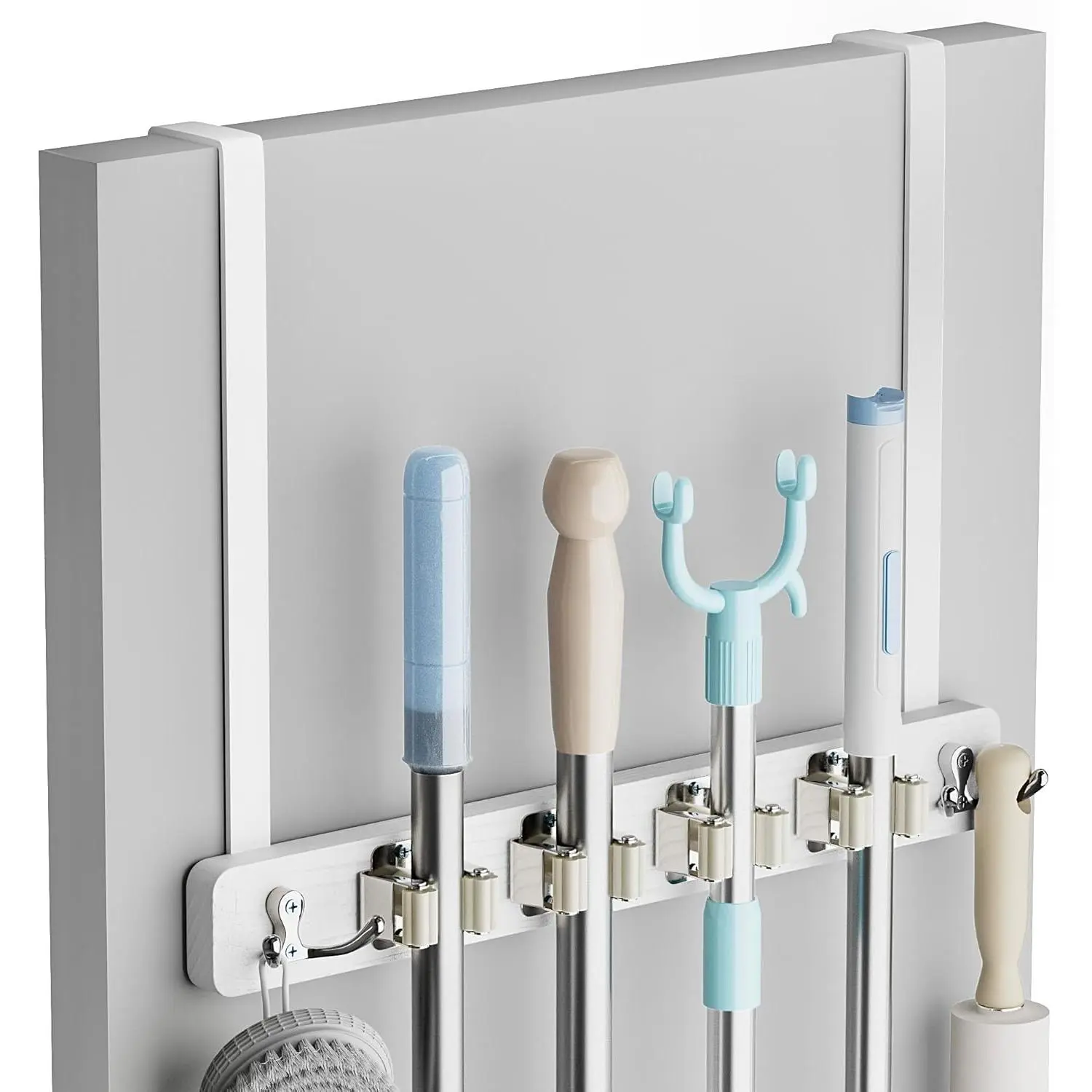 Broom Holder Door Mount, Over the Door Broom and Mop Holder with 2 Over Door Hooks,  Broom Hanger, Tool Rack Organizer for Laundry, Garage, Closet, Kitchen Decor, 4 Slots & 4 Hooks Rustic