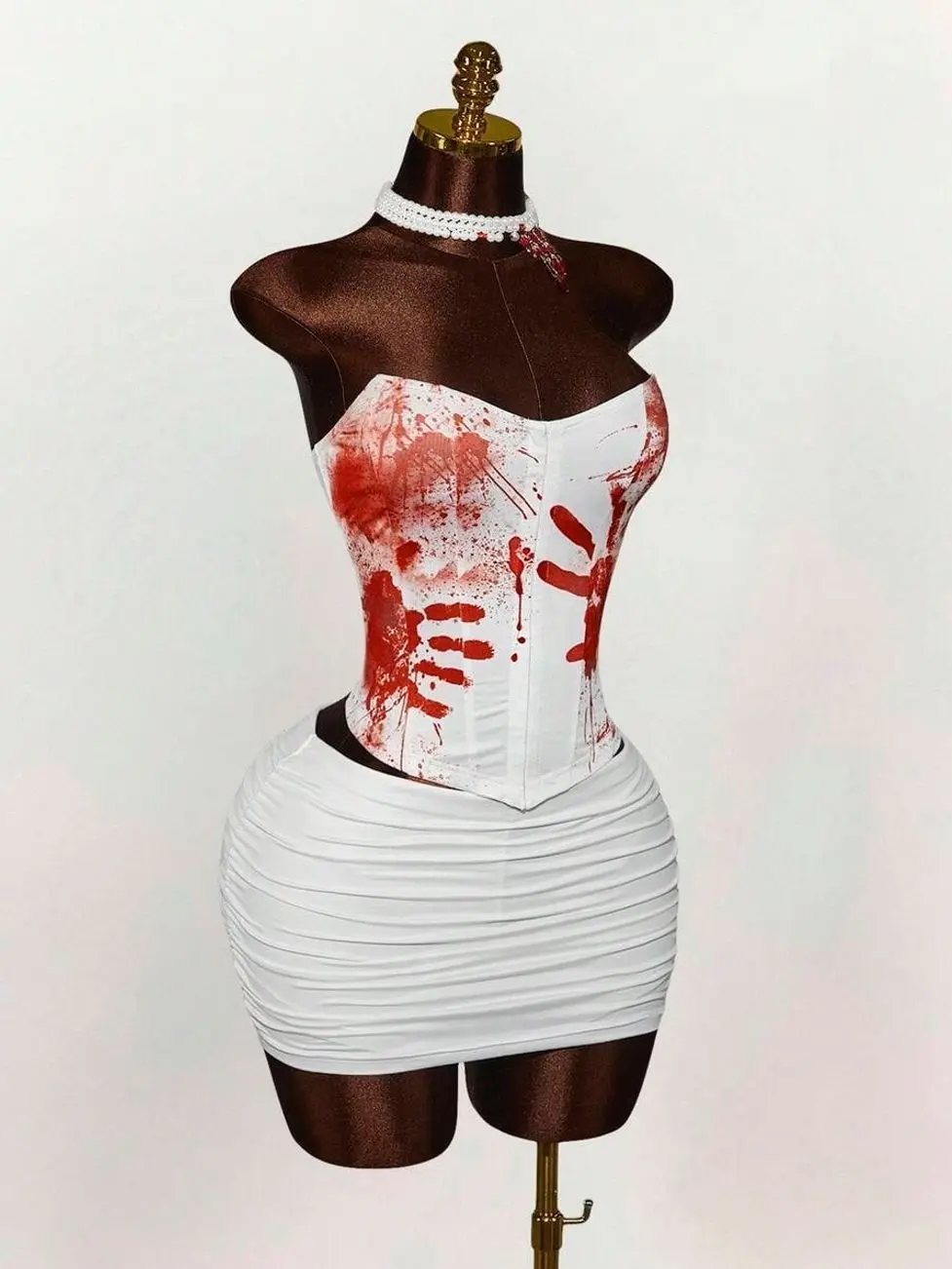 Bride Halloween Costumes For Women,White And Red Summer Girly Club Night 2pcs Metal Buckle Bandeau&Waist Cincher Set With Bloody Hand Print