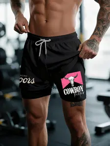 Cowboy Print Shorts Men's Cross & Letter Print 2 In 1 Drawstring Waist Shorts,Loose Casual Pocket Track Shorts For Summer,Fashion Men's Bottoms For Daily Wear,Anime Graphic Gifts