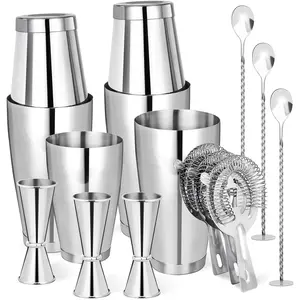 Cocktail Shaker Boston Shaker Set 15 Pcs Professional Bartender Kit Bar Shaker Stainless Steel Drink Shaker Bartending Martini Shaker Tin Mixed Alcohol Shaker Tool for Beginner(Silver)
