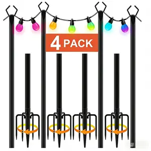 10-foot outdoor string light pole, heavy-duty metal rod, four ground fork heads, height adjustable, with deck fixing accessories, Metal Stand for Deck Patio,Backyard,Wedding,Deck,Party 4/6/8pcs