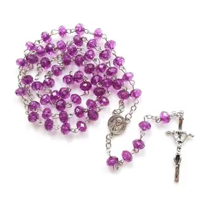 Purple Bead Cross Rosary Necklace Holy Church Home Bedroom Decoration