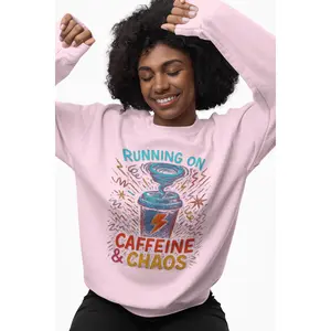 Running on Caffeine and Chaos Sweatshirt - Cozy Unisex Pullover Crewneck, Funny Coffee Lover Gift Cotton Fabric