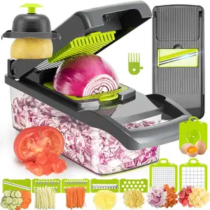12-in-1 Grey Mandoline Slicer Vegetable Chopper, Kitchen Gadget with Interchangeable Blades, Container, Hand Guard & Drainer for Onion, Cucumber