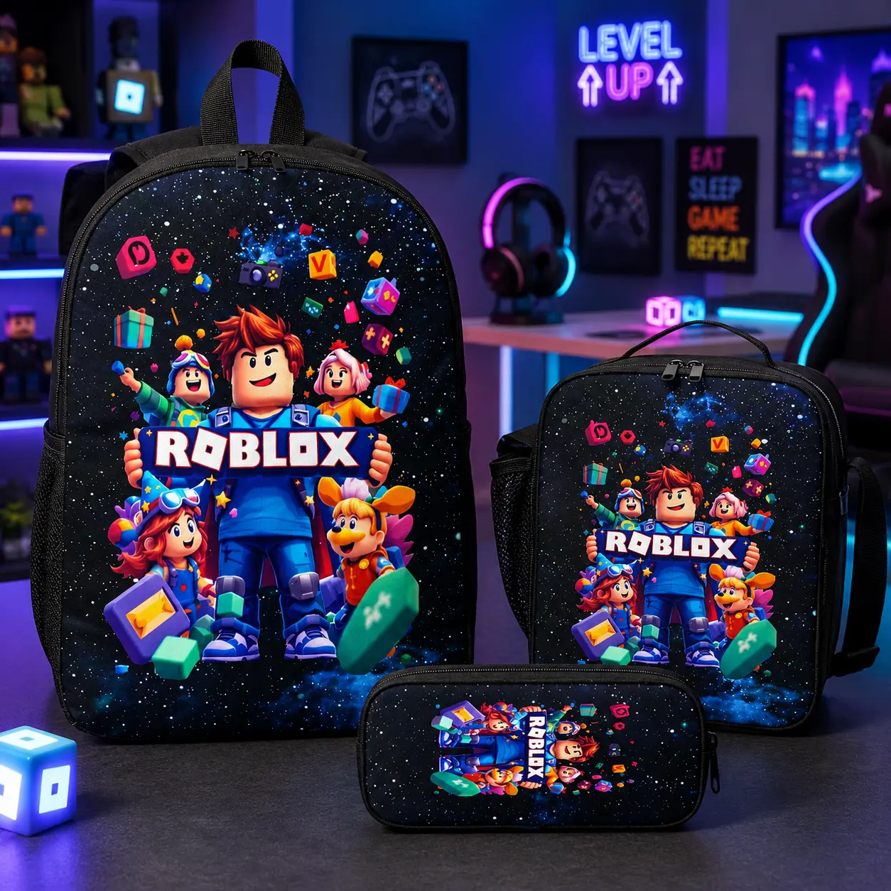 2026 New Roblox Kids' 3-Piece Set - Backpack, Meal Bag, DIY Printed Pen Case (School & Daily Use)