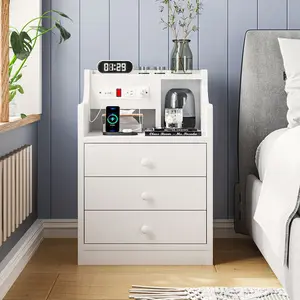 SIKAIC Minimalist 3-Drawer Nightstand with Integrated Charging Station, Bedroom Bedside Table with Power Outlets and USB Ports, Compact Storage Organizer