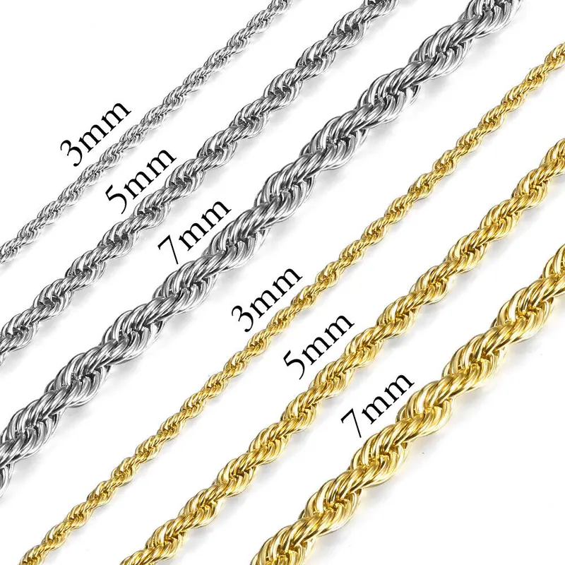 Hermah Twisted Rope Chain Necklace 7-30 inches Silver/Gold Color Stainless Steel Jewelry For Men Women Halloween Christmas Day Gift