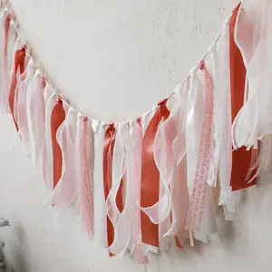 Rustic Fabric Tassel Garland, Boho Ribbon Banner for Wedding, Baby Shower, Birthday Party, Vintage Lace Fringe Bunting, Bohemian Wall Hanging Backdrop