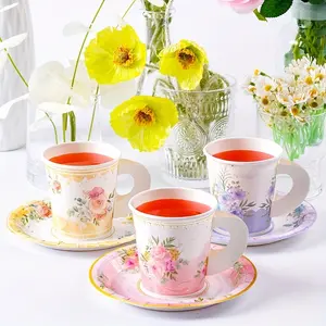 24 Sets Paper Cups and Tea Plates, Disposable Cup Set Party Supplies for Birthday Parties, Floral Tea Party, Suitable for Hot and Cold Beverages