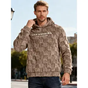 Men's solid color plaid hoodie with letters on the front side, plush texture fabric is soft and warm, suitable for wearing in autumn and winter seasons casual outdoor activities, home and other scenarios.