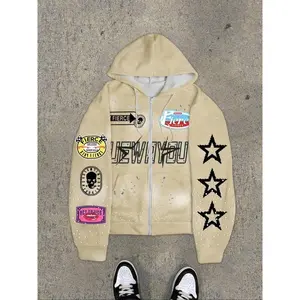 Men's Fleece Hooded Zip-Up Jacket, Fashion Graphic Print Casual Coat, Thick Fabric Long Sleeve, Fall & Winter Wear