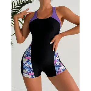 Women's Plants Print Patchwork Cut Out Scoop Neck One-piece Swimsuit, Casual Comfy Breathable Swimwear for Summer, Ladies Swimsuit for Beach Swimming