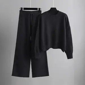 Women's Oversized Round Neck Sweater & Wide-Leg Pants Two-Piece Set , Drop Shoulder Long Sleeve Pullover with Ribbed Texture, Loose Fit Trousers for Fall Winter Warmth, Women 2 Piece Sweater Outfits