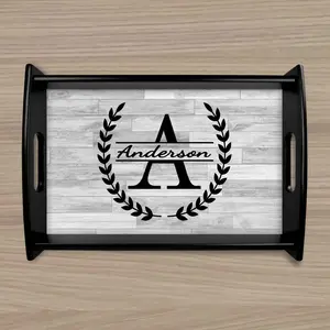 Custom Wood Serving Tray | Persoanlized Kitchen Accessories | Laurel Wreath Split Monogram