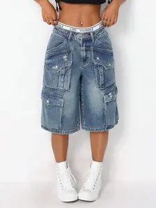 Trendy Fashion New Washed Blue Loose Fit Mid-Waist Seven-Eighths Jeans, Perfect for Back-To-School, Shopping, Office Wear