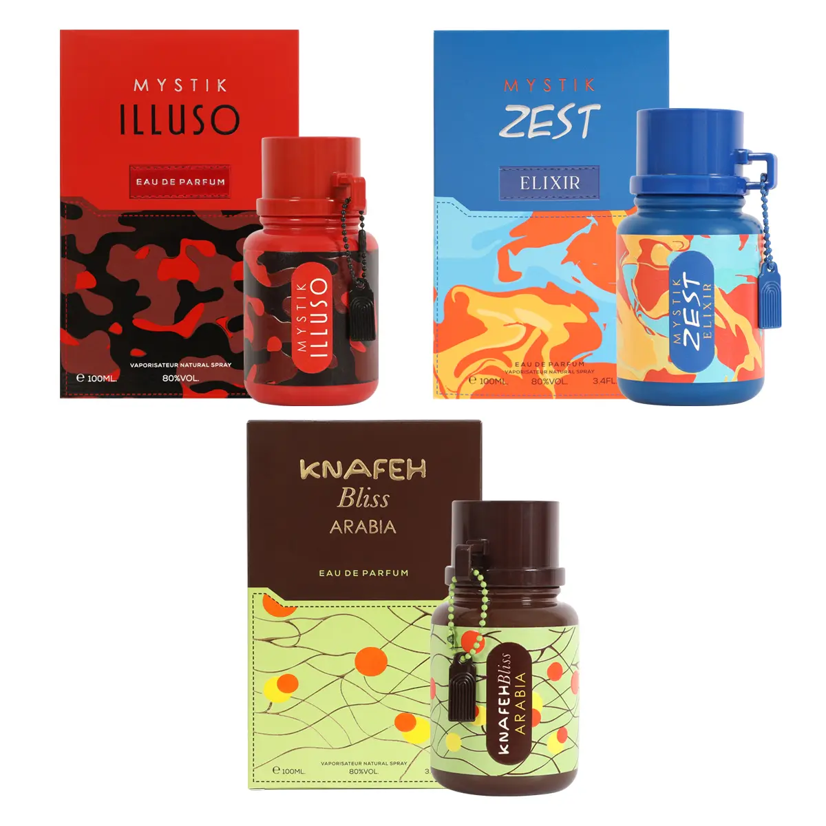 Trio Bundle of Mystik Illuso & Zest Elixir & Knafeh Bliss Arabia Eau de Parfum Set for Men and Women