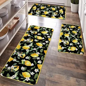 JIT 1/2/3 pcs black plain cotton flannel carpet with simple lemon pattern, suitable for various scenarios. Kitchen carpet set, flannel washable bedside soft carpet, suitable for use in kitchens, bedrooms, etc.