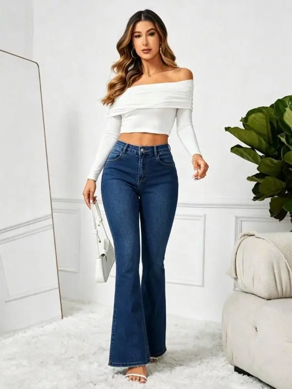 Flare Jeans For Women Ladies Elastic Pull-On Skinny Flared Bootcut Denim Jeggings Denim Pant