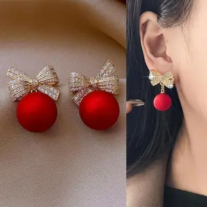 925 Silver Needle Korean Fashion Crystal Bow Red Bead Drop Earrings For Women Jewelry 2026 Trending Black White Pearl Earrings