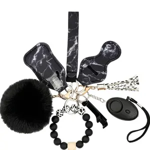 Keychain Set for Women Wristlet with Leather Tassel Silicone Bead Key Set Bracelet Bangle Keyring