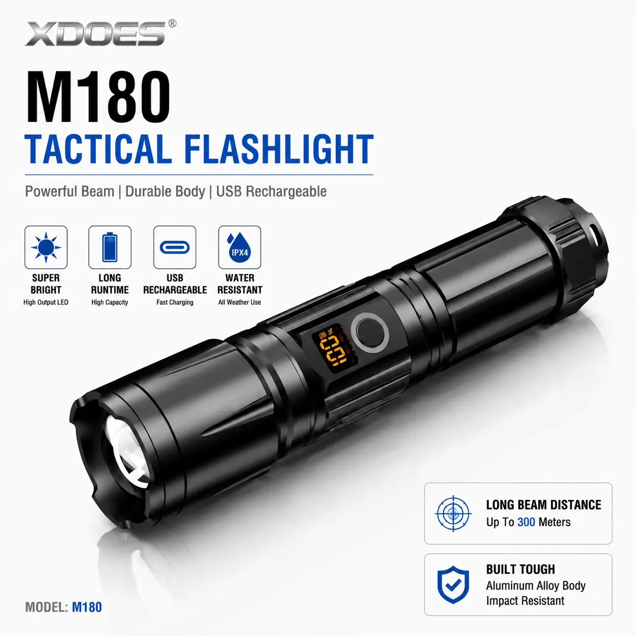 XDOES M180 Tactical Flashlight, 30W Laser LED Flashlight 1500 Lumens, 1000M Long Beam Rechargeable Flashlight with Digital Display, Zoom Focus, USB-C Charging for Camping Hiking Emergency