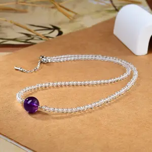 Natural Clear Quartz & Amethyst Beaded Necklace, Wisdom & Wealth Healing Crystal Choker, Handmade Statement Jewelry for Women