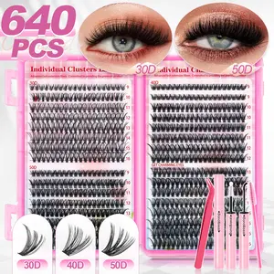 Lash Clusters Kit, 640pcs Eyelashes Clusters Extensions Kit 9-16mm Individual Lashes D Curl Fluffy Wispy False Eyelashes Thin Band with Bond Seal Tweezers Brush DIY (30D+40D+50D)