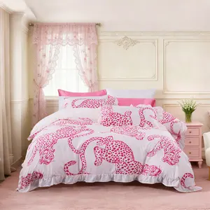 Pink Leopard Print 5-Piece Bedroom Bedding Set Barbie Hot Pink Satin Pillowcases, No Filler Soft Bedding for Women, Hotel, Dorm Valentine's/Birthday Gift