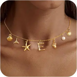 Charm Initial Necklace for Women,Dainty Seashell Necklace 18k Gold Plated Summer Shell Necklaces for Women Trendy Boho Starfish Choker Necklace Cute Bubble Letter Necklace Beach Jewelry Gifts