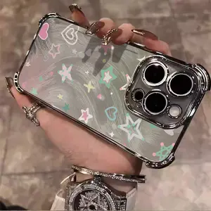Designed for iPhone 16/15/14/13/12/11 Pro Max Plus Electroplating luxury transparent four corner anti drop and shockproof phone case Simple Rainbow Line Star Pattern Anti Drop Phone Case 075 Protection Multicolor Protector Screen Protector