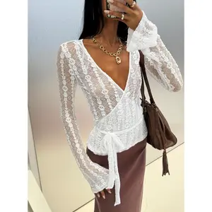 Melara Lace Long Sleeve Wrap Top White