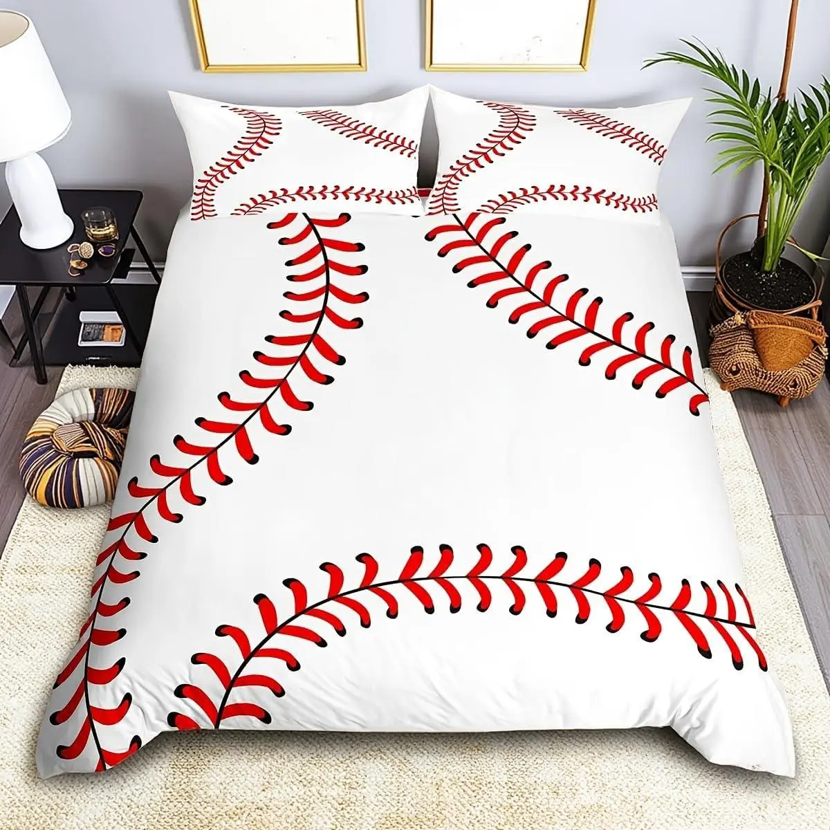 Baseball Duvet Cover Set,Ball Sports Games Lovers Bedding Set for Kids Teens Boys Men Room Decor,Abstract Geometric Lines Comforter Cover,White Quilt Cover,（No Comforter）