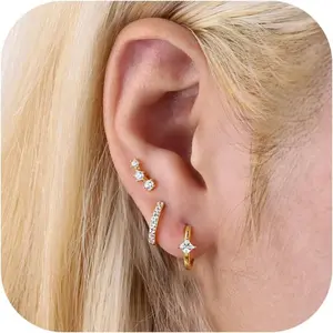 MILACOLATO 3-Pair Brass Hoop Earring Sets, Fashionable Dainty Stud Huggie Stack, Daily Accessory for Women’s Multiple Cartilage Piercings