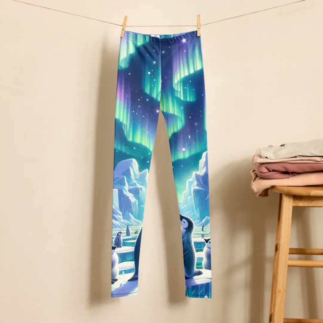 Vibrant Arctic Penguin Patterned Leggings for Youth, Soft 4-Way Stretch Microfiber Everyday Bottoms with UPF 40 Sun Protection, Yarn, Fabrics, Stretchy, Teens, Printed, Aurora Borealis, School, All Seasons, Machine Wash, Print, Comfortable, Fit, Clothes,,