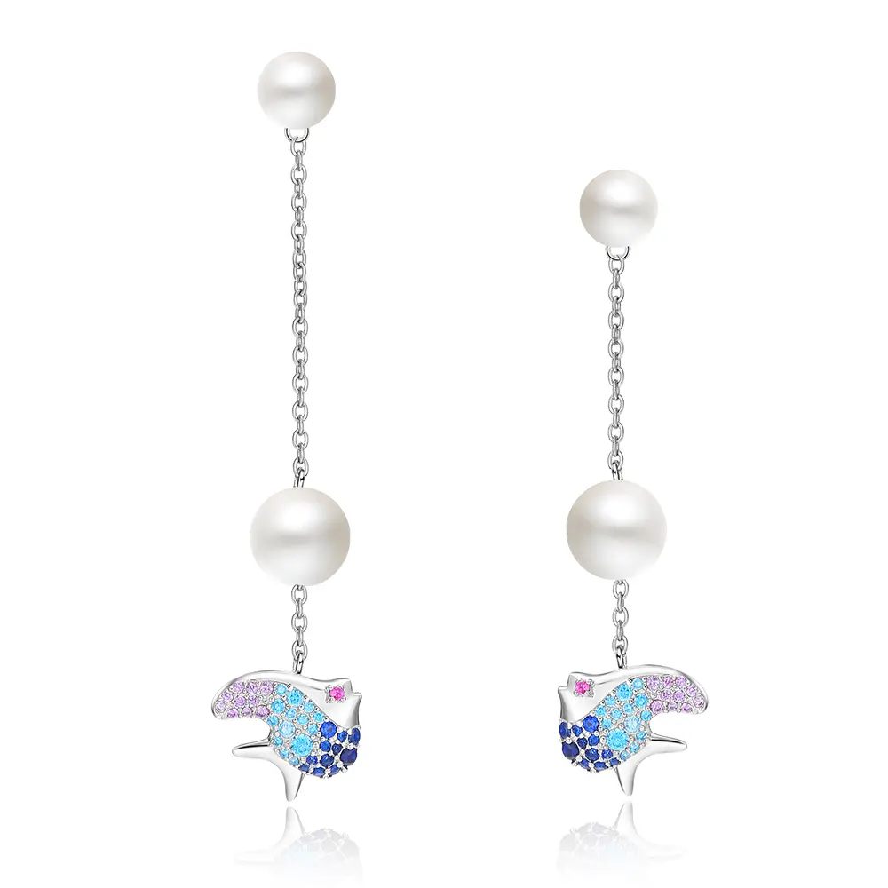 Mytys Pearl Chain Fish Drop Earrings for Women Sterling Silver Cubic Zirconia Dangle Earrings