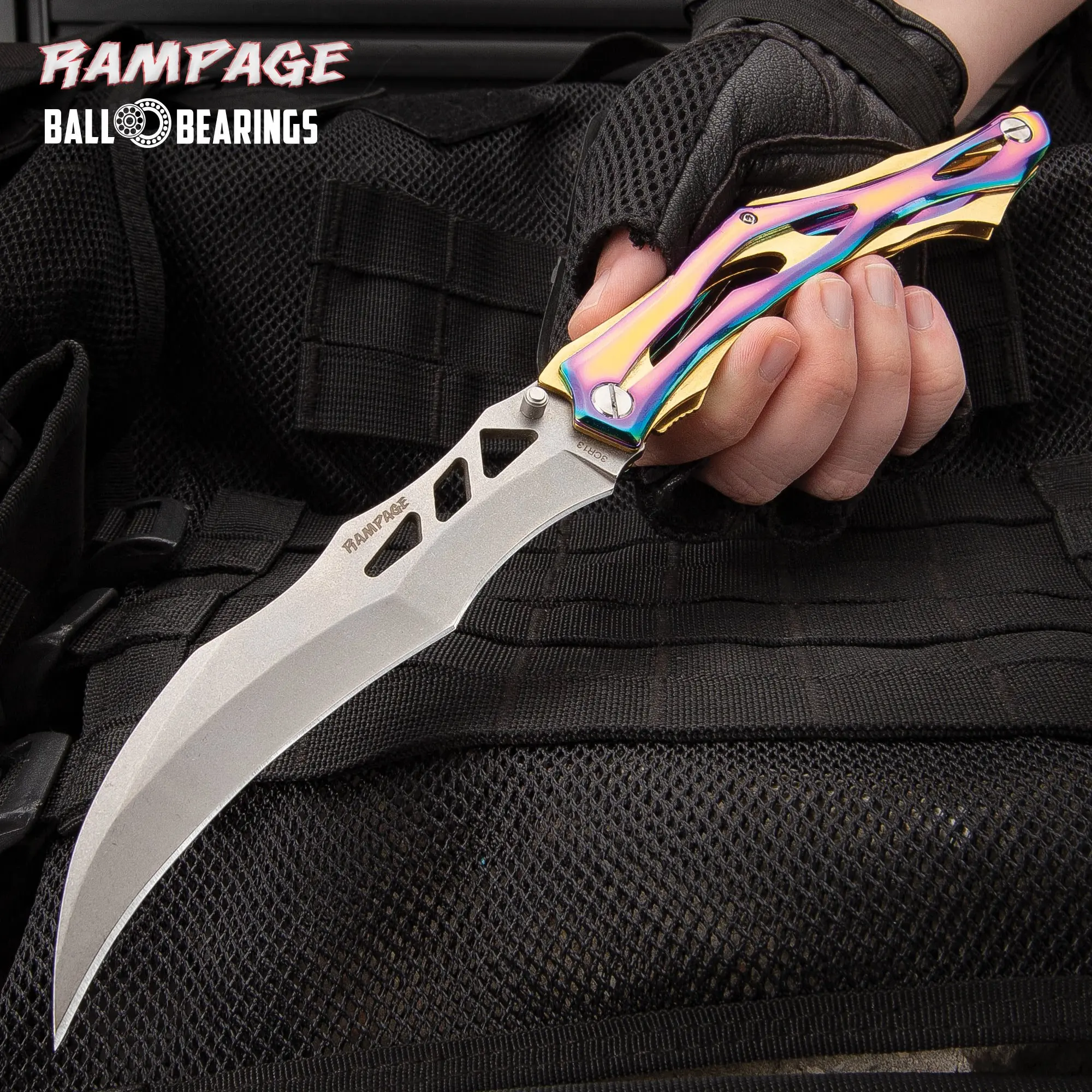 Rampage Hercules Pocket Knife, 6" 3Cr13 Stainless Steel Upswept Blade, Skeletonized Handle with Rainbow Titanium Finish, Ball Bearing Opening and Pocket Clip for Outdoor Survival, Outdoor Survival Supplies, Knives, Outdoor Tools