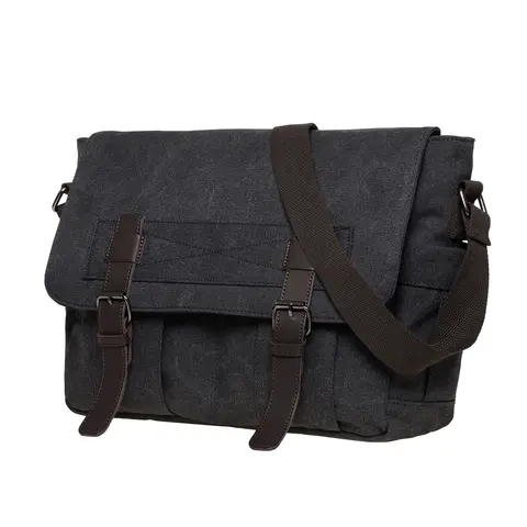 KAUKKO Men's Vintage Canvas Convertible Shoulder Bag - Commuter Crossbody Bag, Trendy Leather-Accent, Zipper Closure, Magnetic Snap, Adjustable Strap, 2 Under-Flap & Multiple Pockets, 14-in Laptop Compatible, with Accessories, Convertible Shoulder Bags