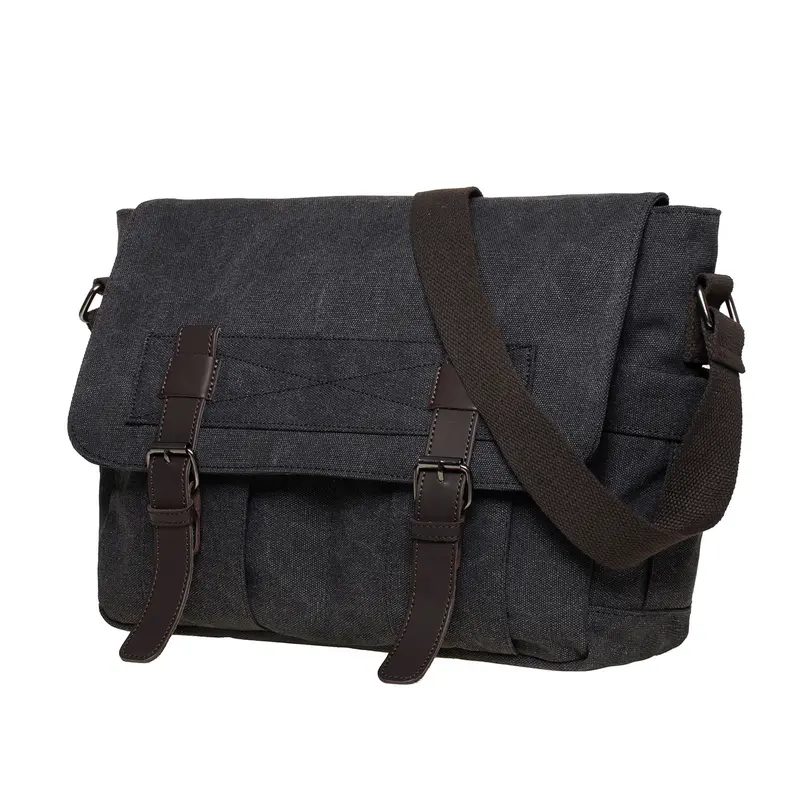 KAUKKO Men's Vintage Canvas Convertible Shoulder Bag - Commuter Crossbody Bag, Trendy Leather-Accent, Zipper Closure, Magnetic Snap, Adjustable Strap, 2 Under-Flap & Multiple Pockets, 14-in Laptop Compatible, with Accessories, Convertible Shoulder Bags