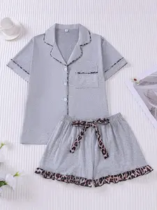 Cream Leopard Trim Short Sleeve Pajama Set | Cozy Loungewear | Button-Down Top + Elastic Shorts | Soft Fabric | Versatile Home Wear | Perfect for Sleep/Relaxation/Cute Style