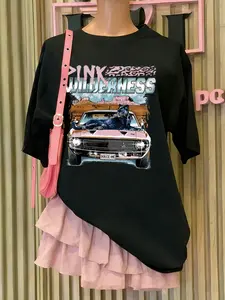 Women's Western Pink Wilderness Panther & Retro Car Graphic Tee, Coachella 2026 Vacation, Oversized Baggy Soft Polyester Top,Rveryday Vasual Tops & Office Casual Wear.