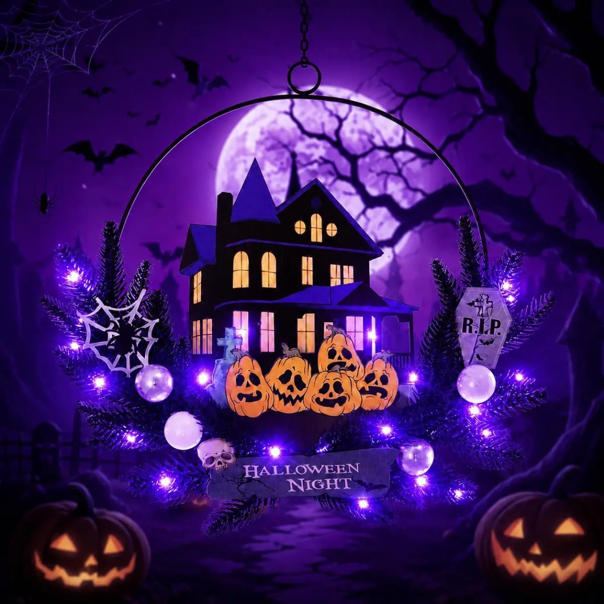 15.7In Halloween Pumpkin Wreath for Front Door with Lights - 6H On/18H Off, Sturdy Metal & Wood Construction, Battery-Operated Cordless Design, Included Hook for Easy Hanging