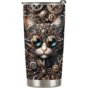 20oz Mechanical Steampunk Clockwork Tumbler, Engineer Mechanic Robot, Mechanical Gear Cat Tumbler Cup, Insulated Travel Mug with Lid, Coffee Thermos for Men, Women, Christmas Gifts - B