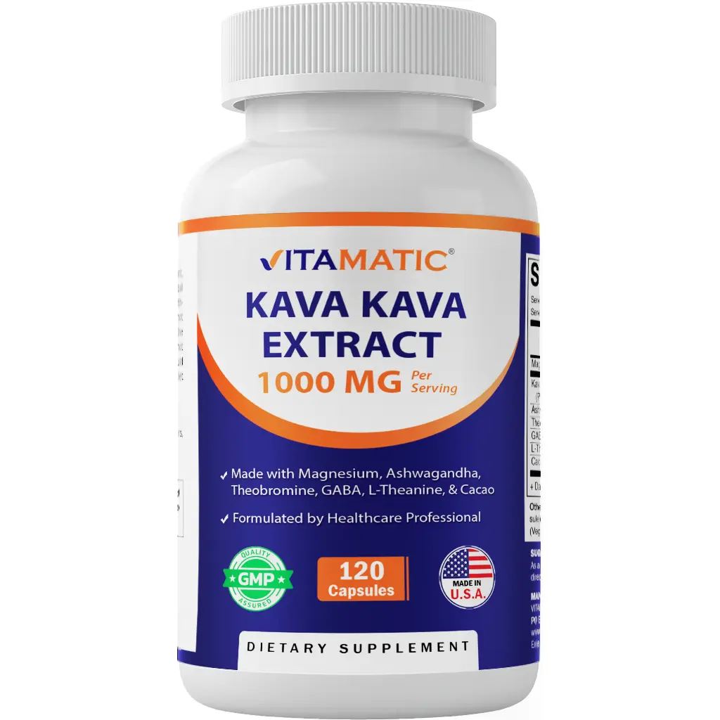 Vitamatic Concentrated Edible Kava Healthcare Wellness Supplements 1000mg - 120 Vegan Veg Capsules with Magnesium, Ashwagandha, GABA, Theobromine, L-Theanine, Cacao, Non-GMO, Gluten-Free, Made in USA