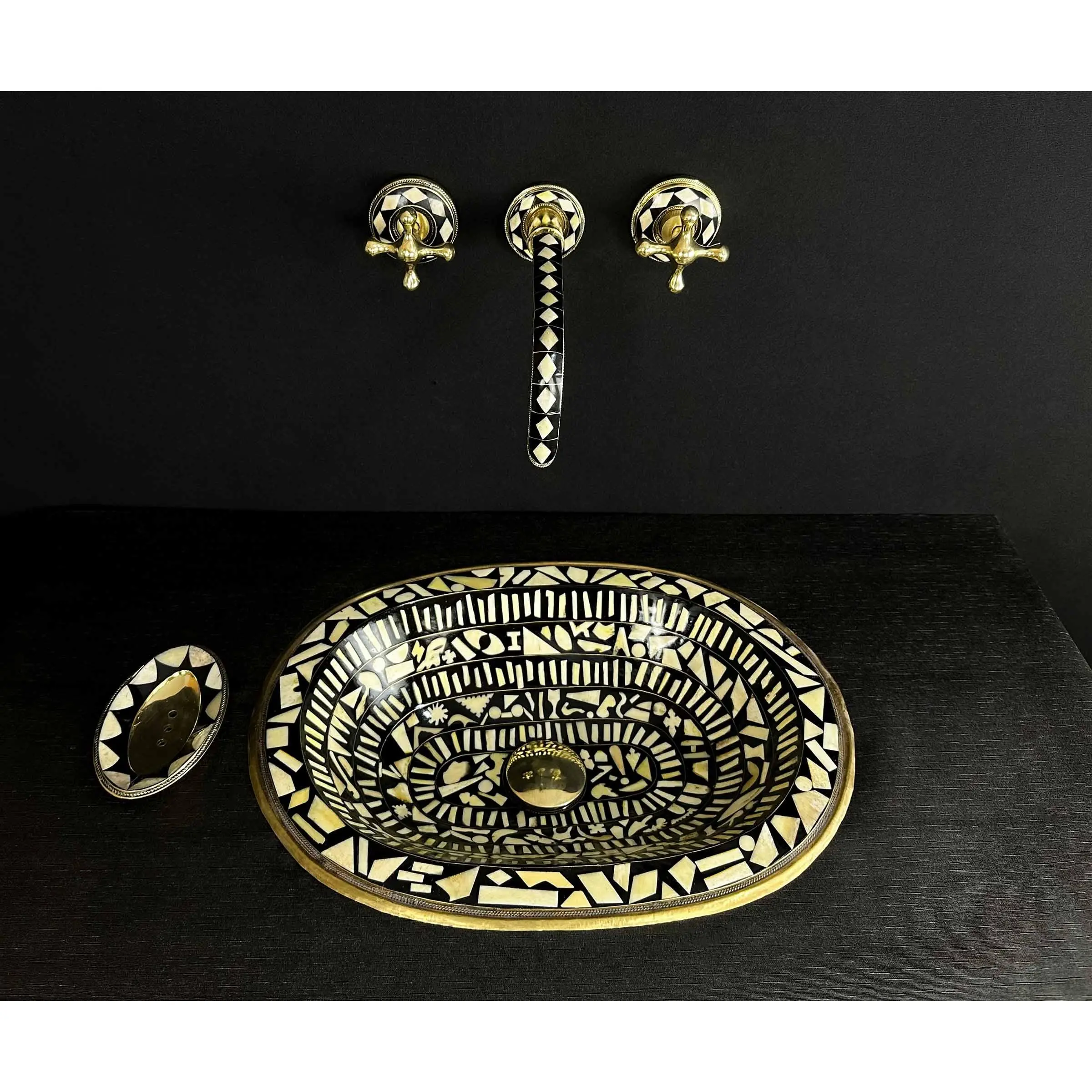 Handmade Brass Bathroom Sink with Bone and Resin - Historical Engravings