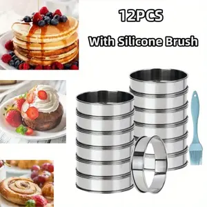 12PCS Stainless Steel Crumpet Ring Molds Double Rolled English Muffin Rings Tart Rings For Baking Round Cake Rings Metal Egg Molds for Pastry Dessert Food Making Tool
